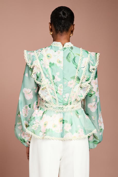 Printed Long Sleeve Frill Organza Blouse - Image 3