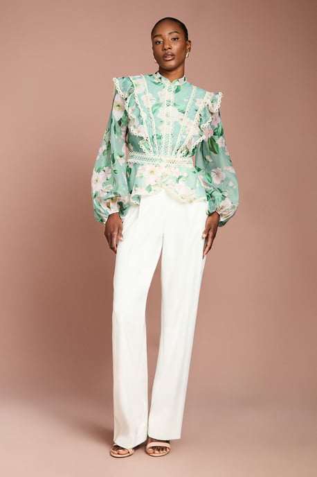 Printed Long Sleeve Frill Organza Blouse - Image 4