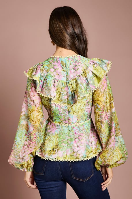 Lace Trim V Neck Organza Blouse - Image 3