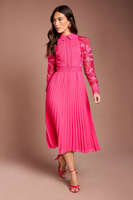 Long Sleeve Lace and Pleated Midi Shirt Dress - Image 1