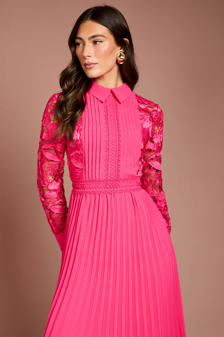 Long Sleeve Lace and Pleated Midi Shirt Dress - Image 2