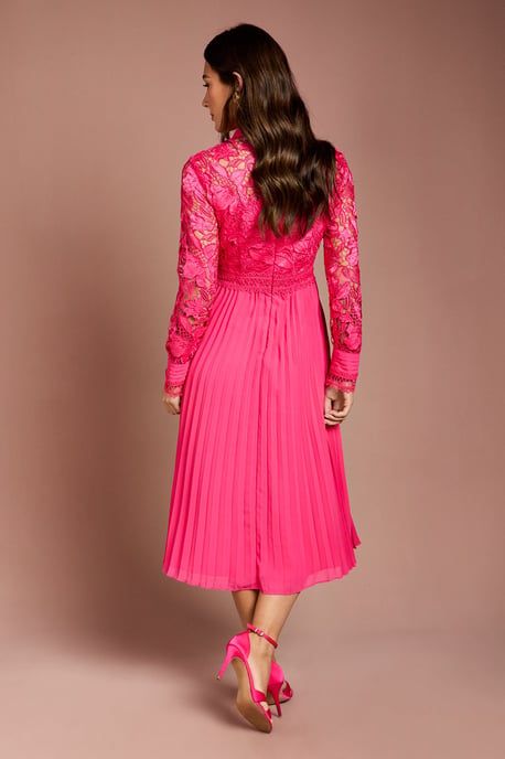 Long Sleeve Lace and Pleated Midi Shirt Dress - Image 3