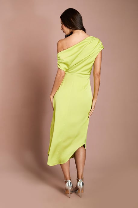 Satin Ruched One Shoulder Asymmetric Hem Midi Dress - Image 3