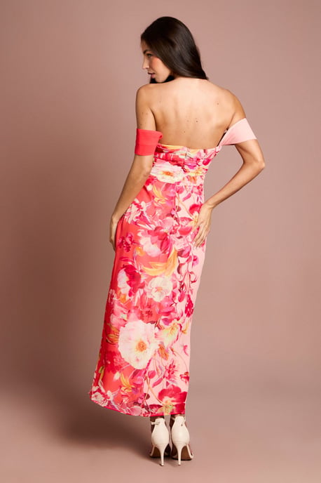 Off The Shoulder Floral Print Drape Chiffon Dress - Image 3