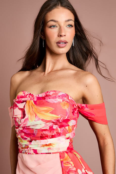 Off The Shoulder Floral Print Drape Chiffon Dress - Image 4