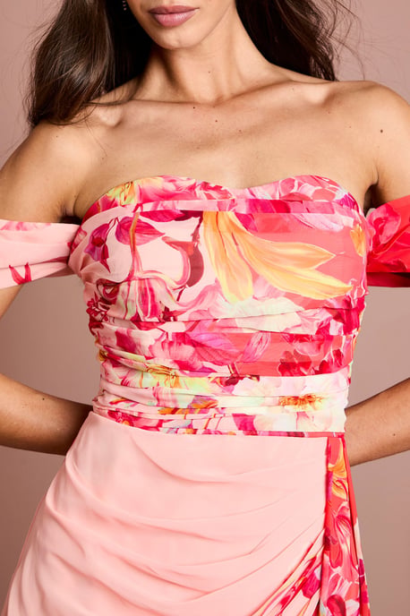 Off The Shoulder Floral Print Drape Chiffon Dress - Image 5