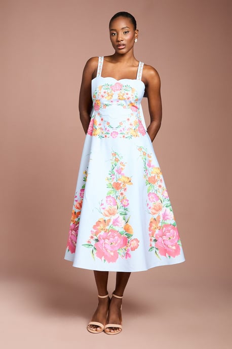 Square Neck Floral Placement Print Full Skirted Cotton Dress - Image 2