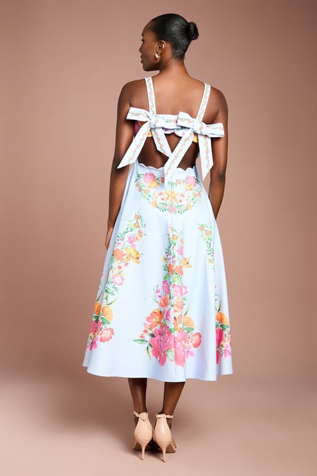 Square Neck Floral Placement Print Full Skirted Cotton Dress - Image 3