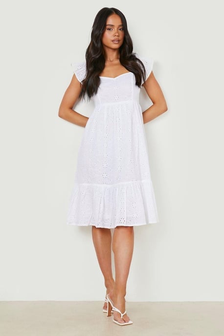 Petite Broderie Puff Sleeve Bardot Midi Dress - Image 3