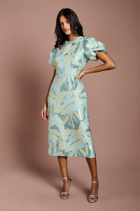 Petite Metallic Jacquard Puff Sleeve Pencil Dress - Image 1