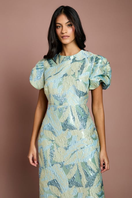 Petite Metallic Jacquard Puff Sleeve Pencil Dress - Image 2