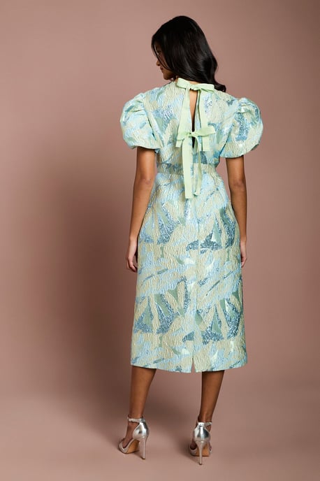 Petite Metallic Jacquard Puff Sleeve Pencil Dress - Image 3