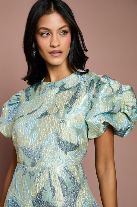 Petite Metallic Jacquard Puff Sleeve Pencil Dress - Image 4