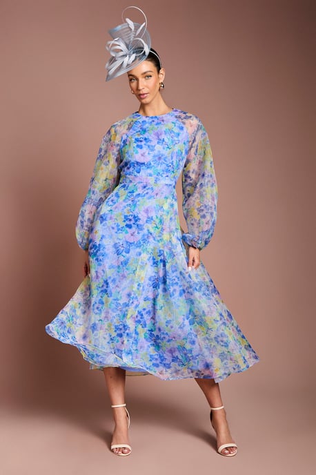 Organza Wrap Waist Puff Sleeve Midi Dress - Image 1