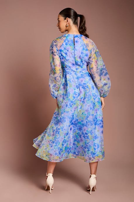 Organza Wrap Waist Puff Sleeve Midi Dress - Image 2