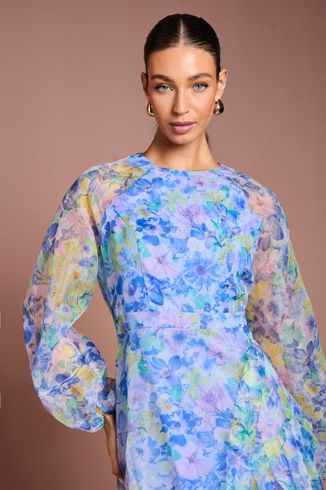 Organza Wrap Waist Puff Sleeve Midi Dress - Image 3