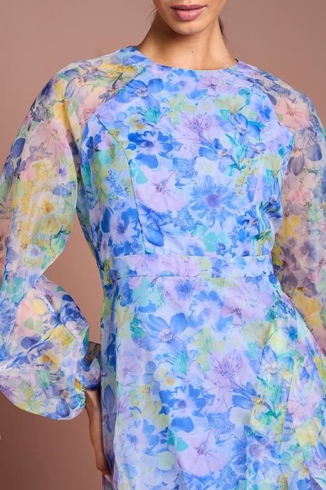 Organza Wrap Waist Puff Sleeve Midi Dress - Image 4