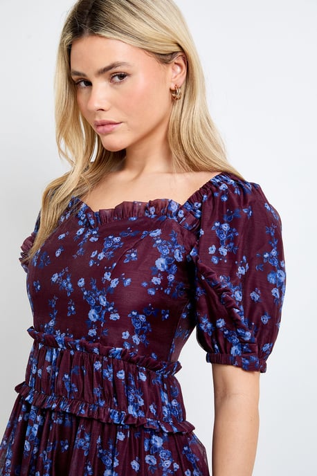DP Luxe Chocolate Floral Ditsy Printed Organza Frill Detail Puff Sleeve Maxi Dress - Image 2