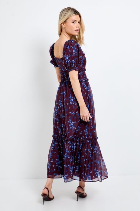 DP Luxe Chocolate Floral Ditsy Printed Organza Frill Detail Puff Sleeve Maxi Dress - Image 3