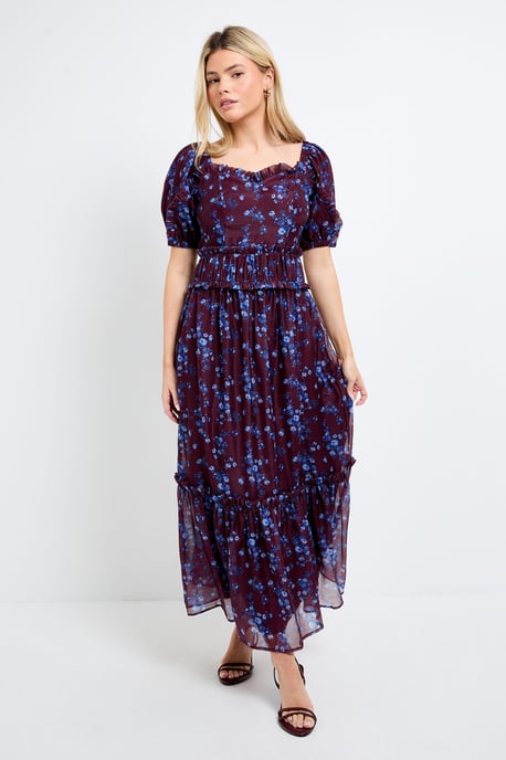 DP Luxe Chocolate Floral Ditsy Printed Organza Frill Detail Puff Sleeve Maxi Dress - Image 4