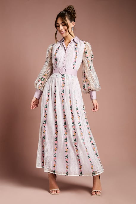 Embroidered Mesh And Lace Blouson Sleeve Belted Midi Dress - Image 1