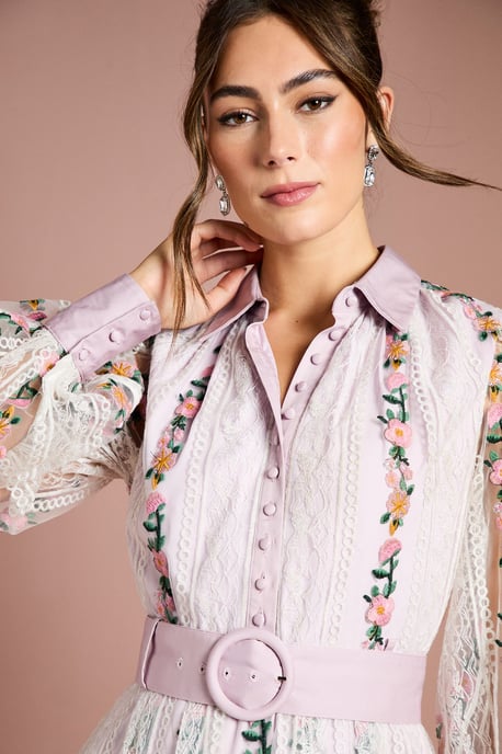 Embroidered Mesh And Lace Blouson Sleeve Belted Midi Dress - Image 2
