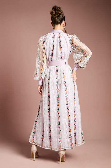 Embroidered Mesh And Lace Blouson Sleeve Belted Midi Dress - Image 3