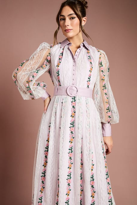 Embroidered Mesh And Lace Blouson Sleeve Belted Midi Dress - Image 4