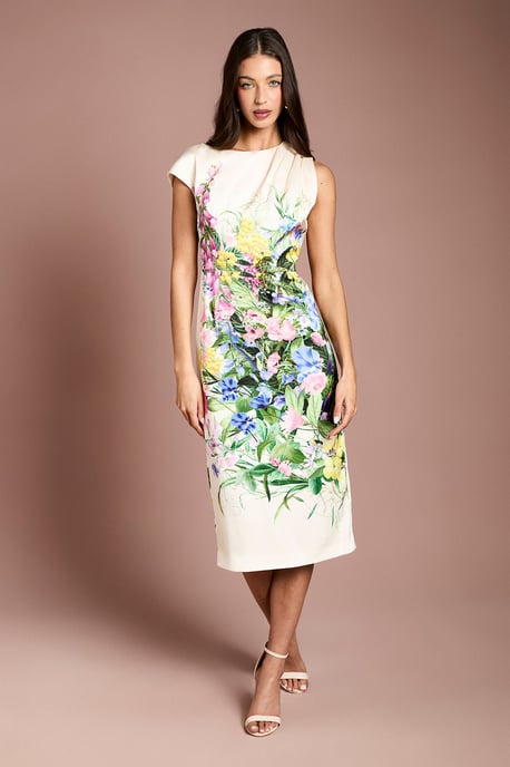 Floral Printed Satin Pencil Dress - Image 1