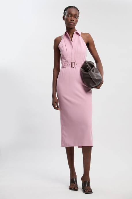 Twill Contrast Collar Woven Halter Neck Midi Dress - Image 1