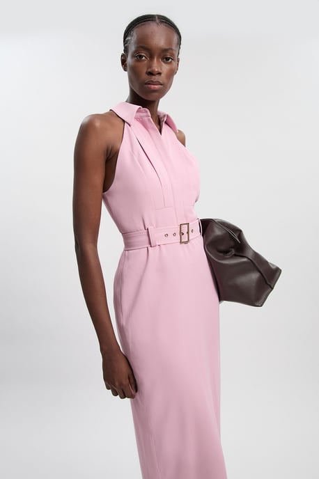 Twill Contrast Collar Woven Halter Neck Midi Dress - Image 2