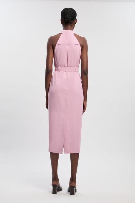 Twill Contrast Collar Woven Halter Neck Midi Dress - Image 4