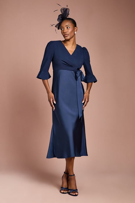 Ruffle Sleeve Satin Back Crepe Wrap Dress - Image 1
