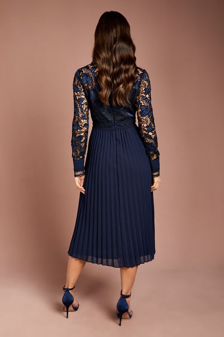 Long Sleeve Lace and Pleated Midi Shirt Dress - Image 3
