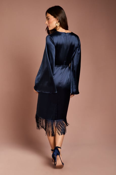 Satin Fringe Hem Wrap Waist Midi Dress - Image 3