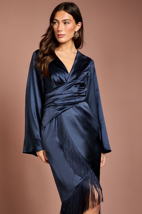 Satin Fringe Hem Wrap Waist Midi Dress - Image 4