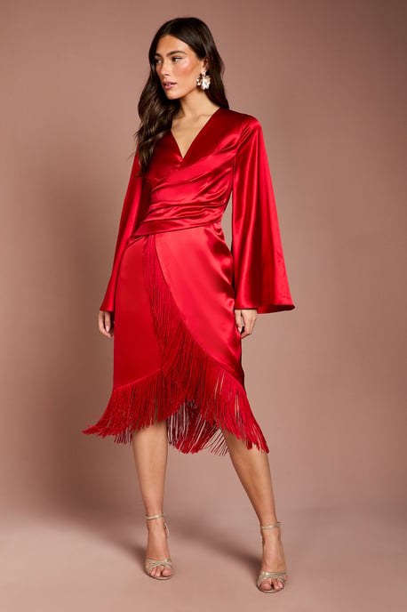 Satin Fringe Hem Wrap Waist Midi Dress - Image 1