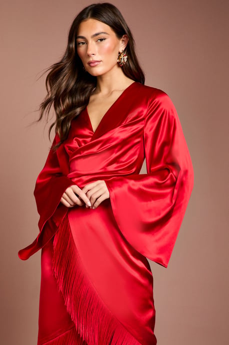 Satin Fringe Hem Wrap Waist Midi Dress - Image 2
