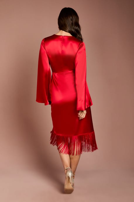 Satin Fringe Hem Wrap Waist Midi Dress - Image 3