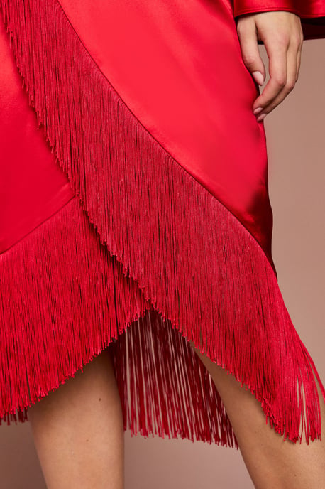 Satin Fringe Hem Wrap Waist Midi Dress - Image 4