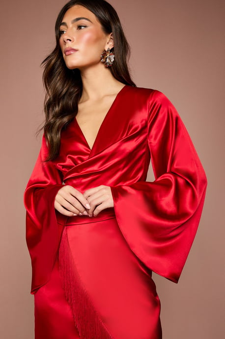 Satin Fringe Hem Wrap Waist Midi Dress - Image 5