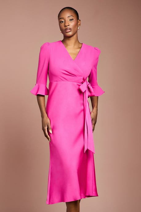 Ruffle Sleeve Satin Back Crepe Wrap Dress - Image 2