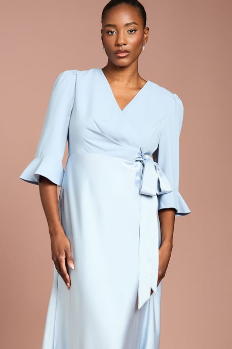 Ruffle Sleeve Satin Back Crepe Wrap Dress - Image 2