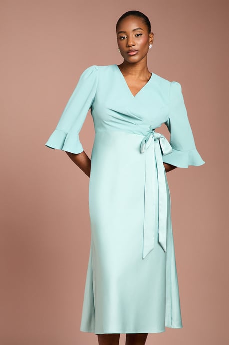 Ruffle Sleeve Satin Back Crepe Wrap Dress - Image 2