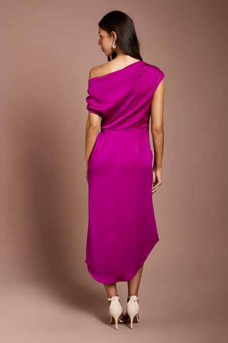 Satin Ruched One Shoulder Asymmetric Hem Midi Dress - Image 3