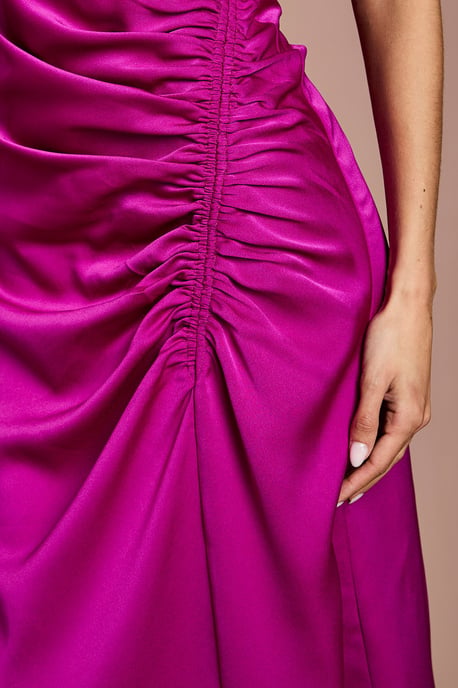 Satin Ruched One Shoulder Asymmetric Hem Midi Dress - Image 5