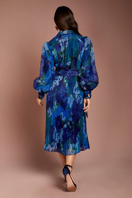 Organza Floral Pleated Midi Shirt Dress - Image 3