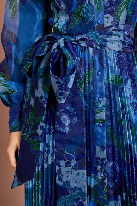Organza Floral Pleated Midi Shirt Dress - Image 5