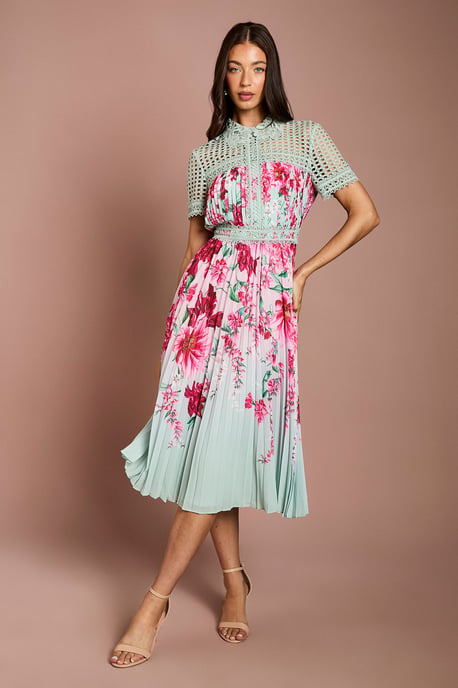 Lisa Tan Lace Pleated Printed Midi Dress - Image 1