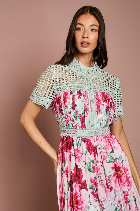 Lisa Tan Lace Pleated Printed Midi Dress - Image 2